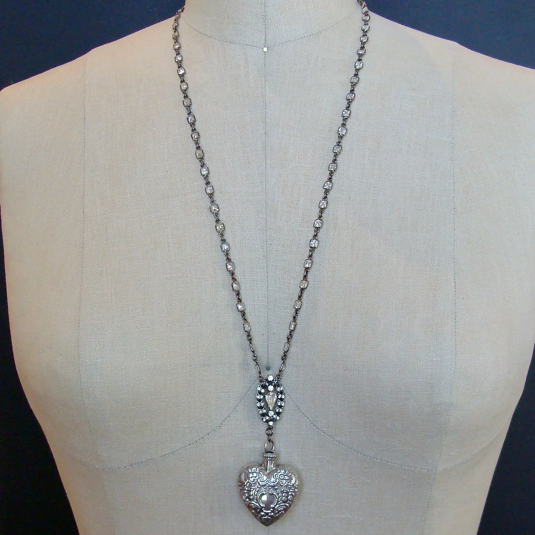 Sterling Silver Repousse Chatelaine Heart Scent Bottle Necklace - Cressida II Necklace