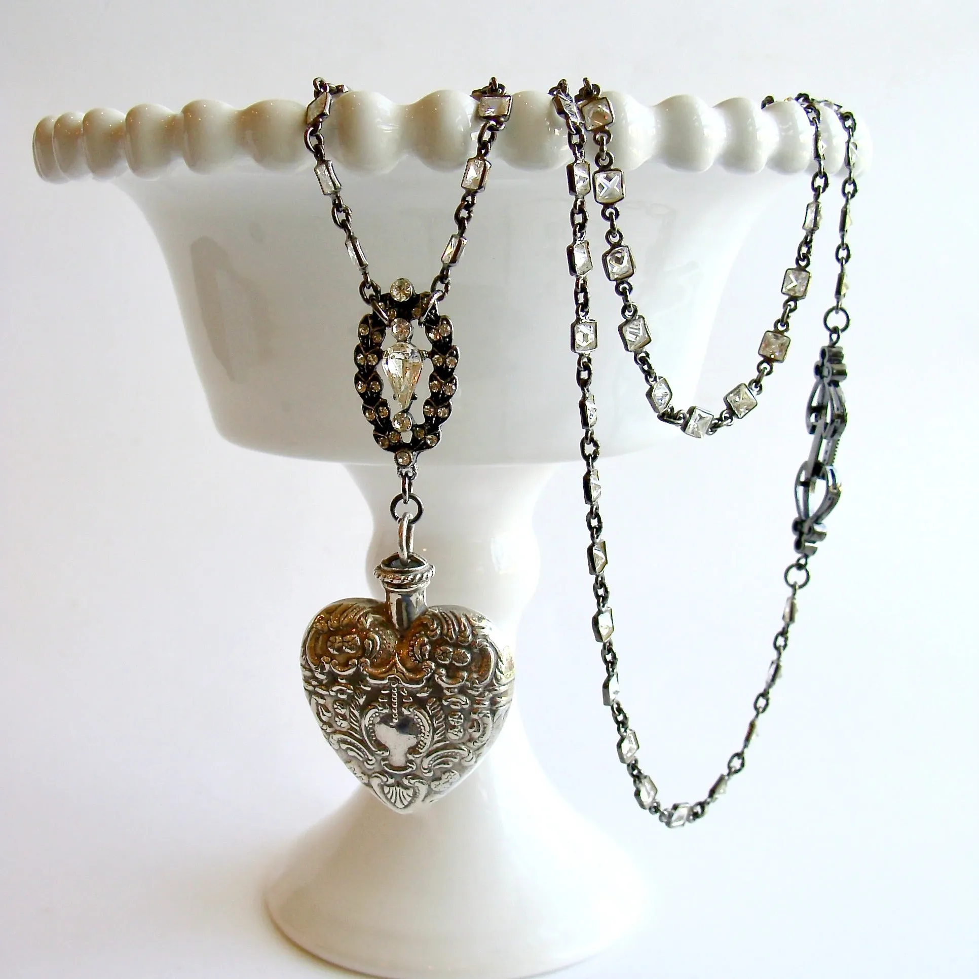 Sterling Silver Repousse Chatelaine Heart Scent Bottle Necklace - Cressida II Necklace