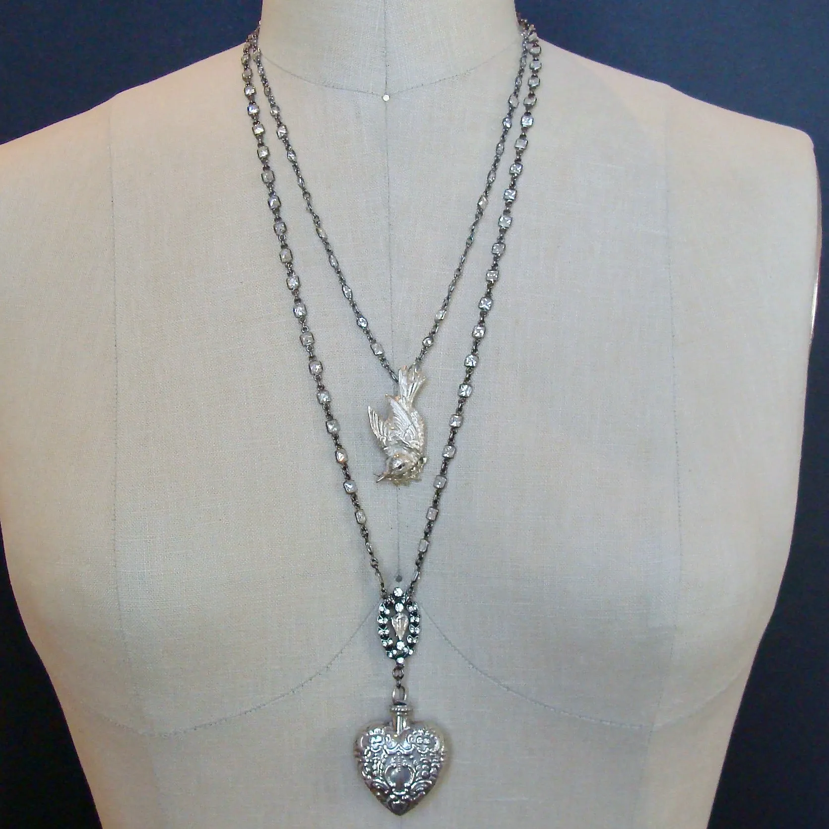 Sterling Silver Repousse Chatelaine Heart Scent Bottle Necklace - Cressida II Necklace