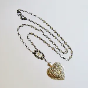 Sterling Silver Repousse Chatelaine Heart Scent Bottle Necklace - Cressida II Necklace