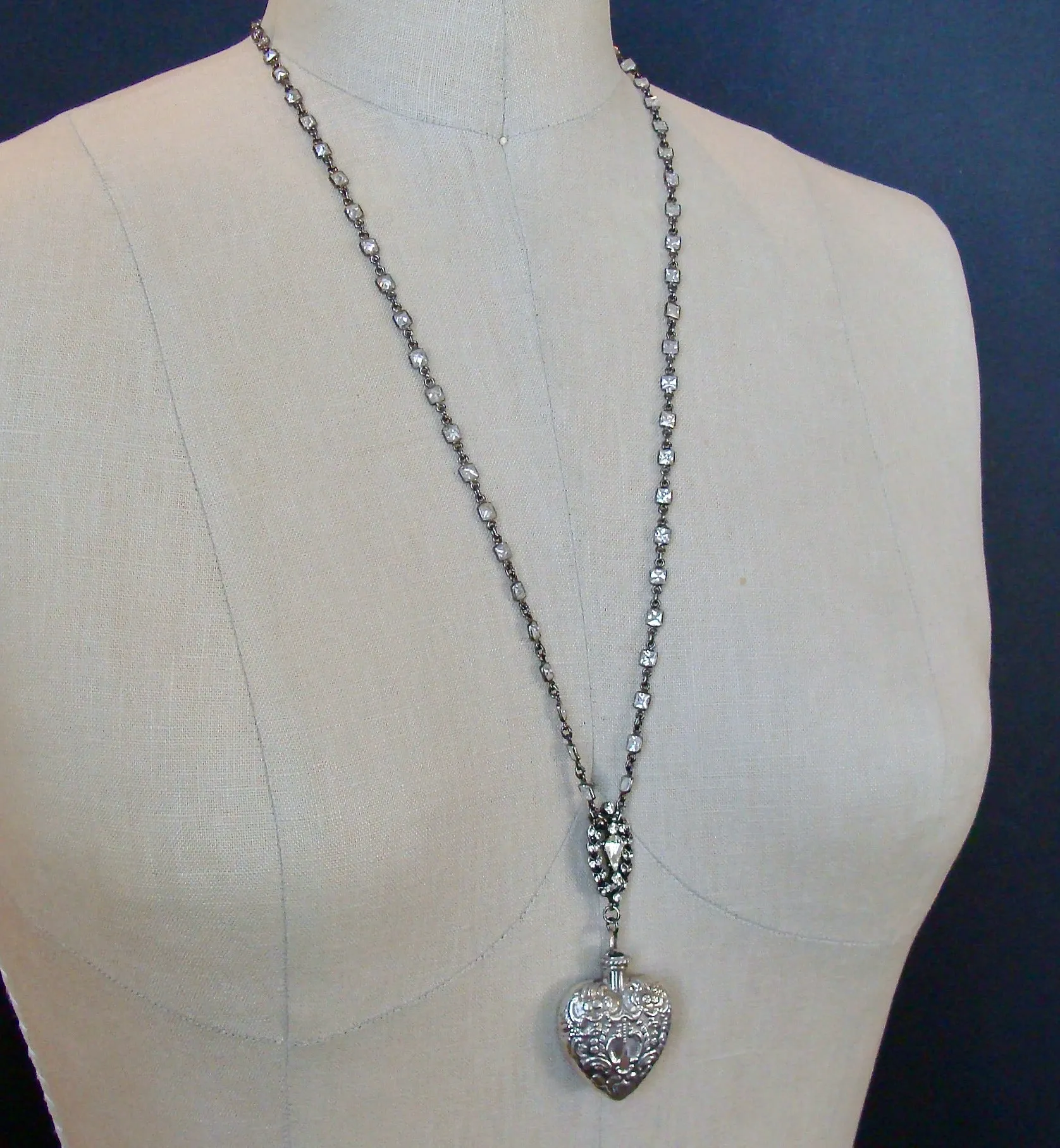 Sterling Silver Repousse Chatelaine Heart Scent Bottle Necklace - Cressida II Necklace