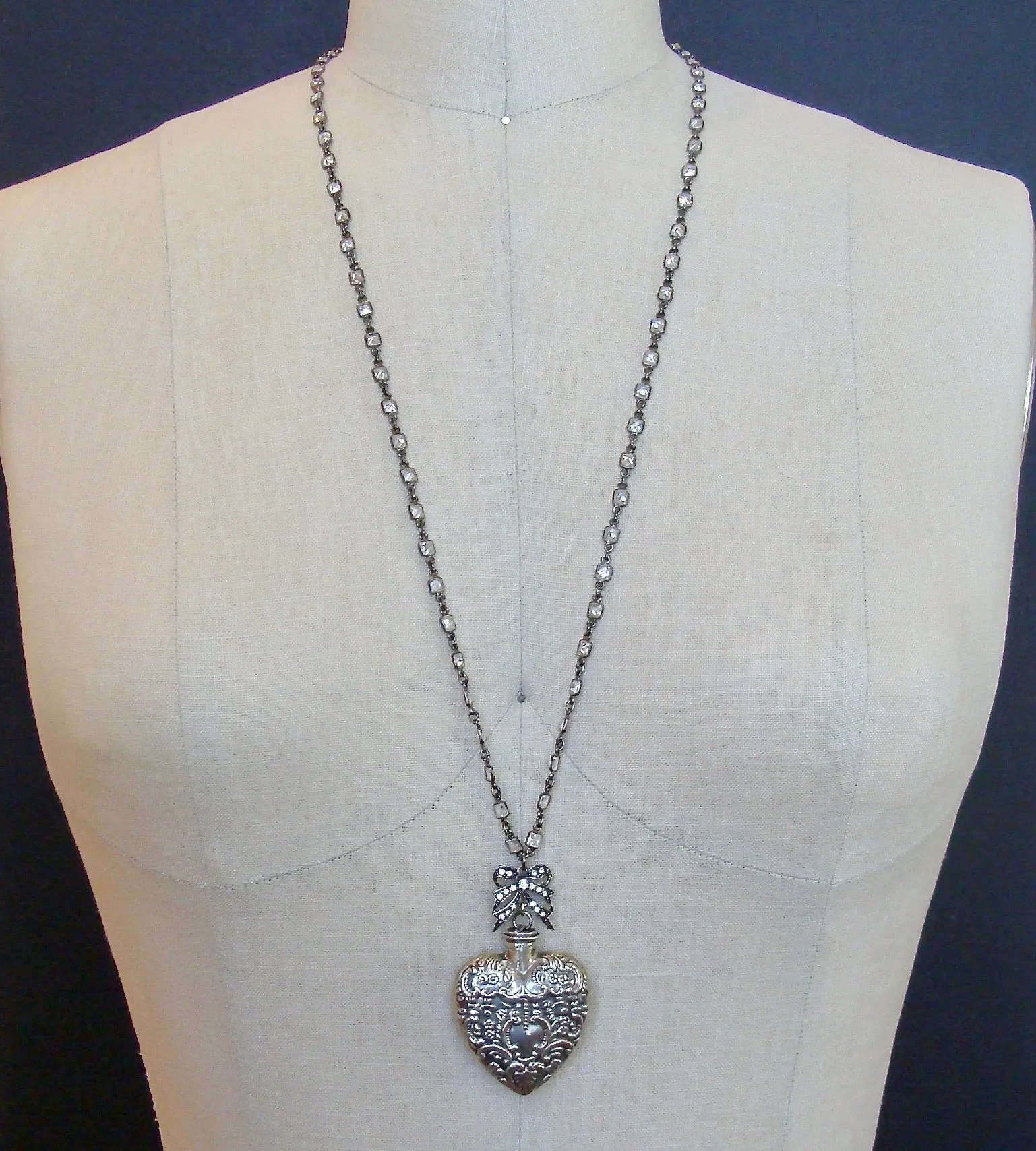 Sterling Silver Repousse Chatelaine Heart Scent Bottle Necklace - Cressida Necklace