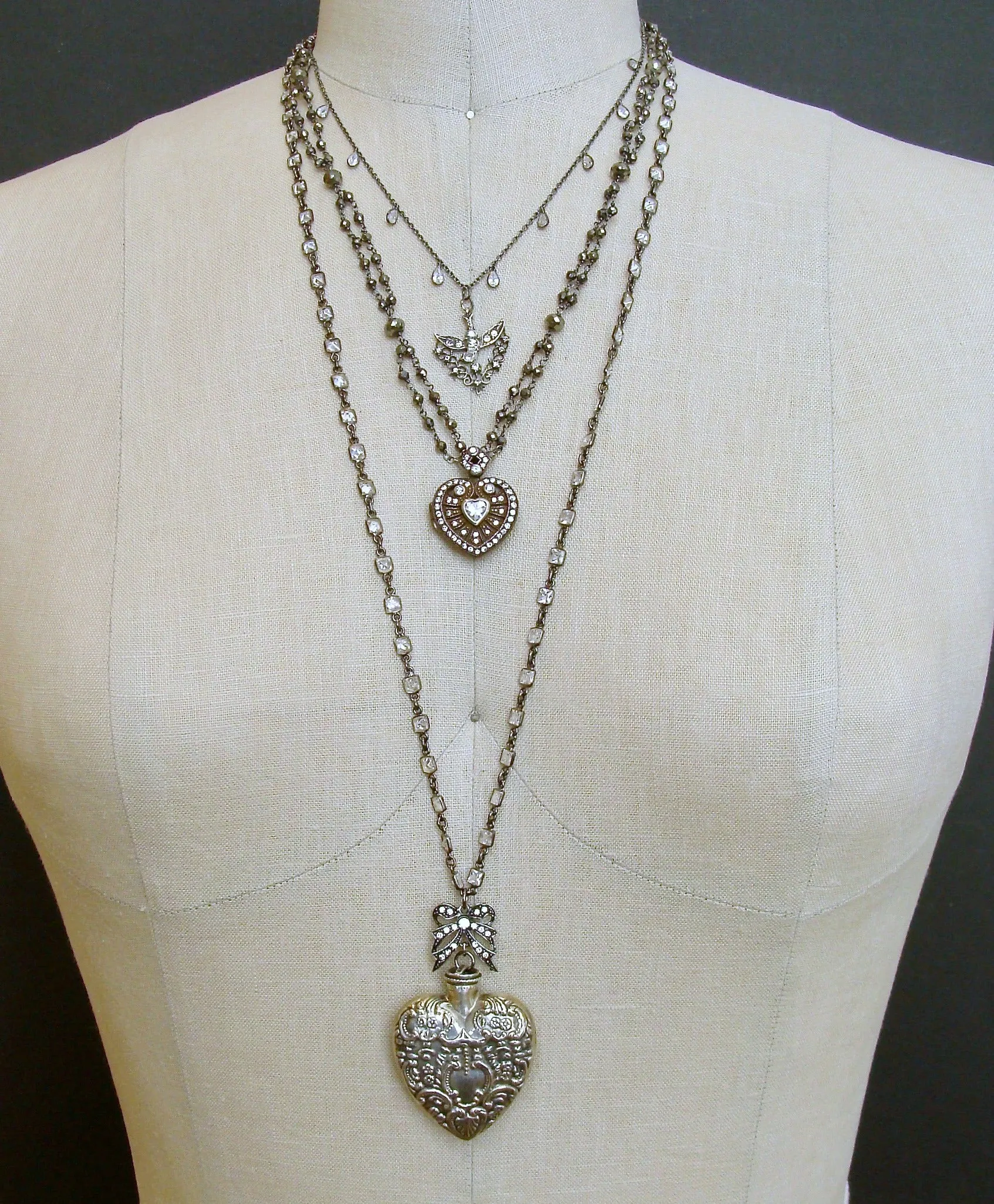 Sterling Silver Repousse Chatelaine Heart Scent Bottle Necklace - Cressida Necklace