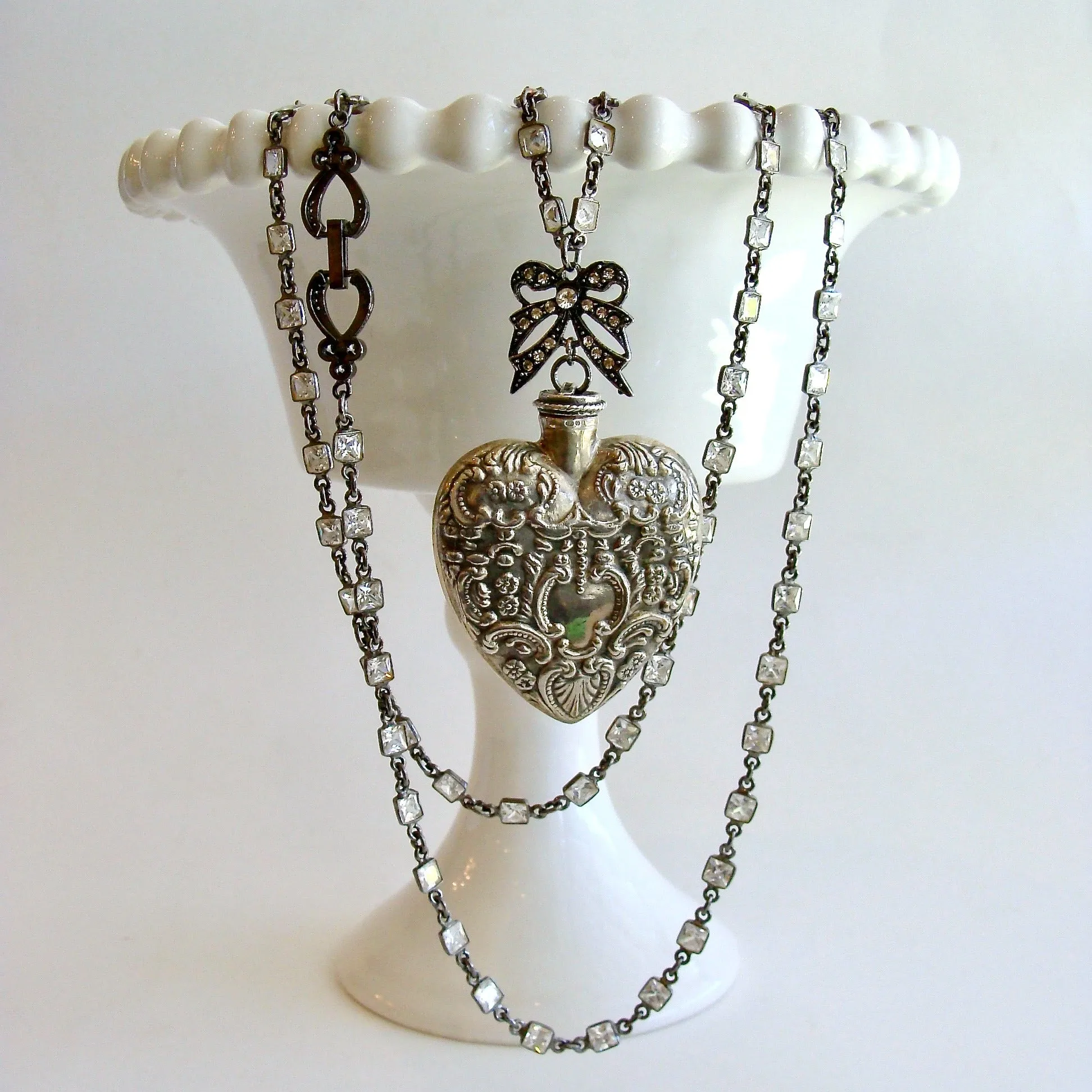Sterling Silver Repousse Chatelaine Heart Scent Bottle Necklace - Cressida Necklace