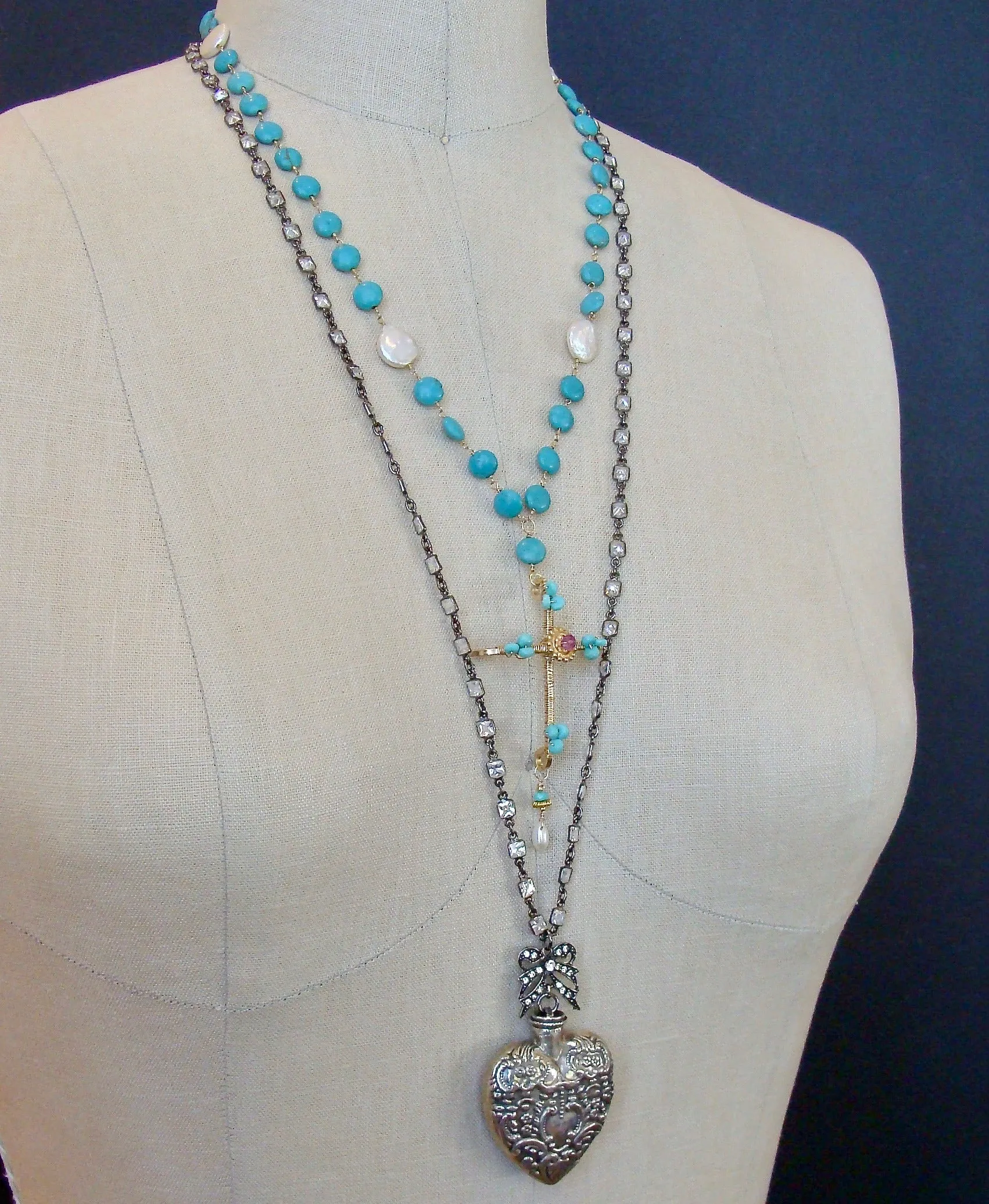 Sterling Silver Repousse Chatelaine Heart Scent Bottle Necklace - Cressida Necklace