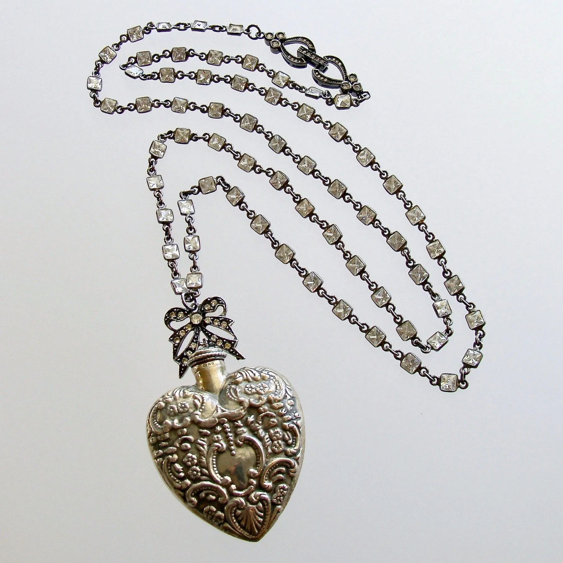 Sterling Silver Repousse Chatelaine Heart Scent Bottle Necklace - Cressida Necklace