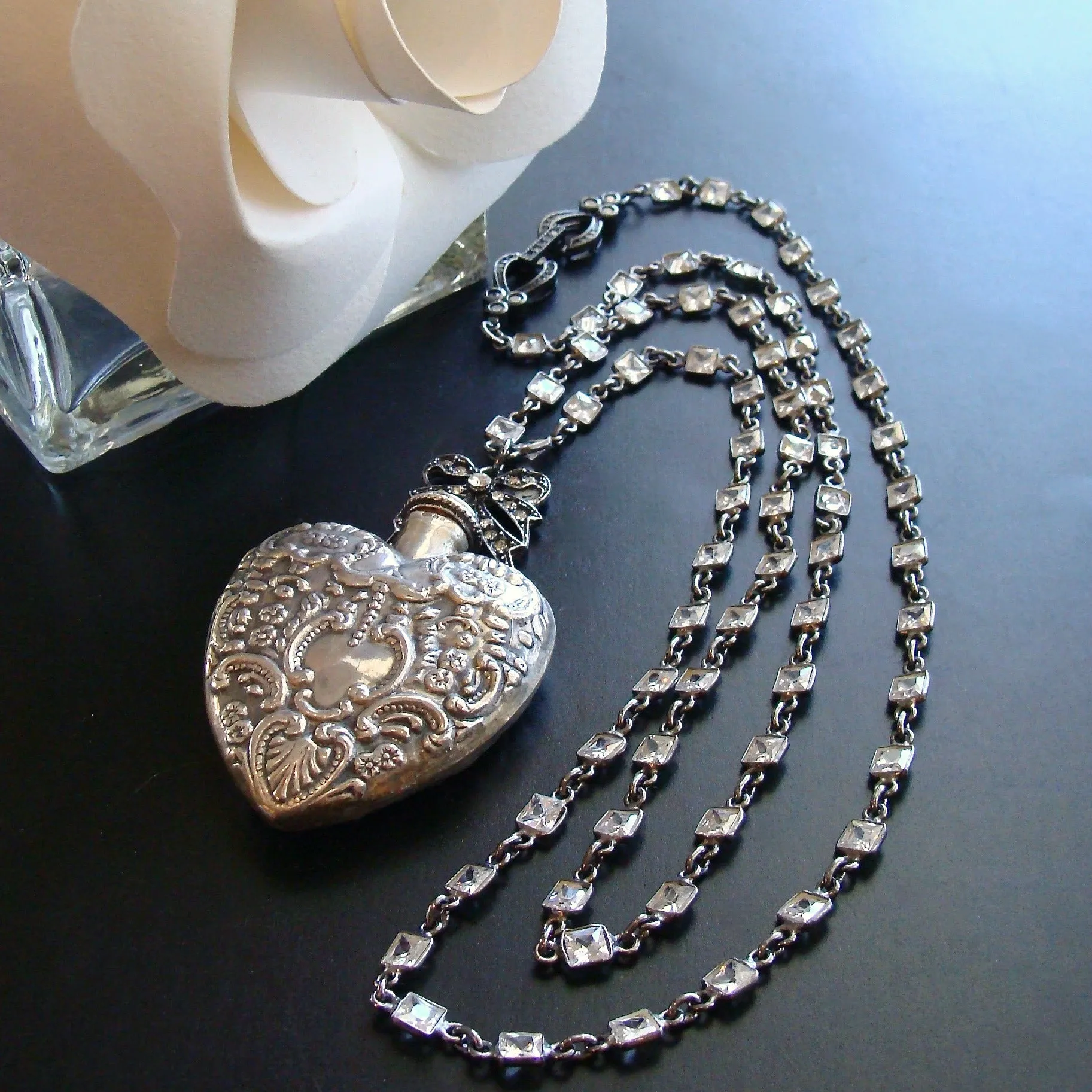 Sterling Silver Repousse Chatelaine Heart Scent Bottle Necklace - Cressida Necklace