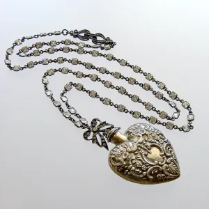 Sterling Silver Repousse Chatelaine Heart Scent Bottle Necklace - Cressida Necklace