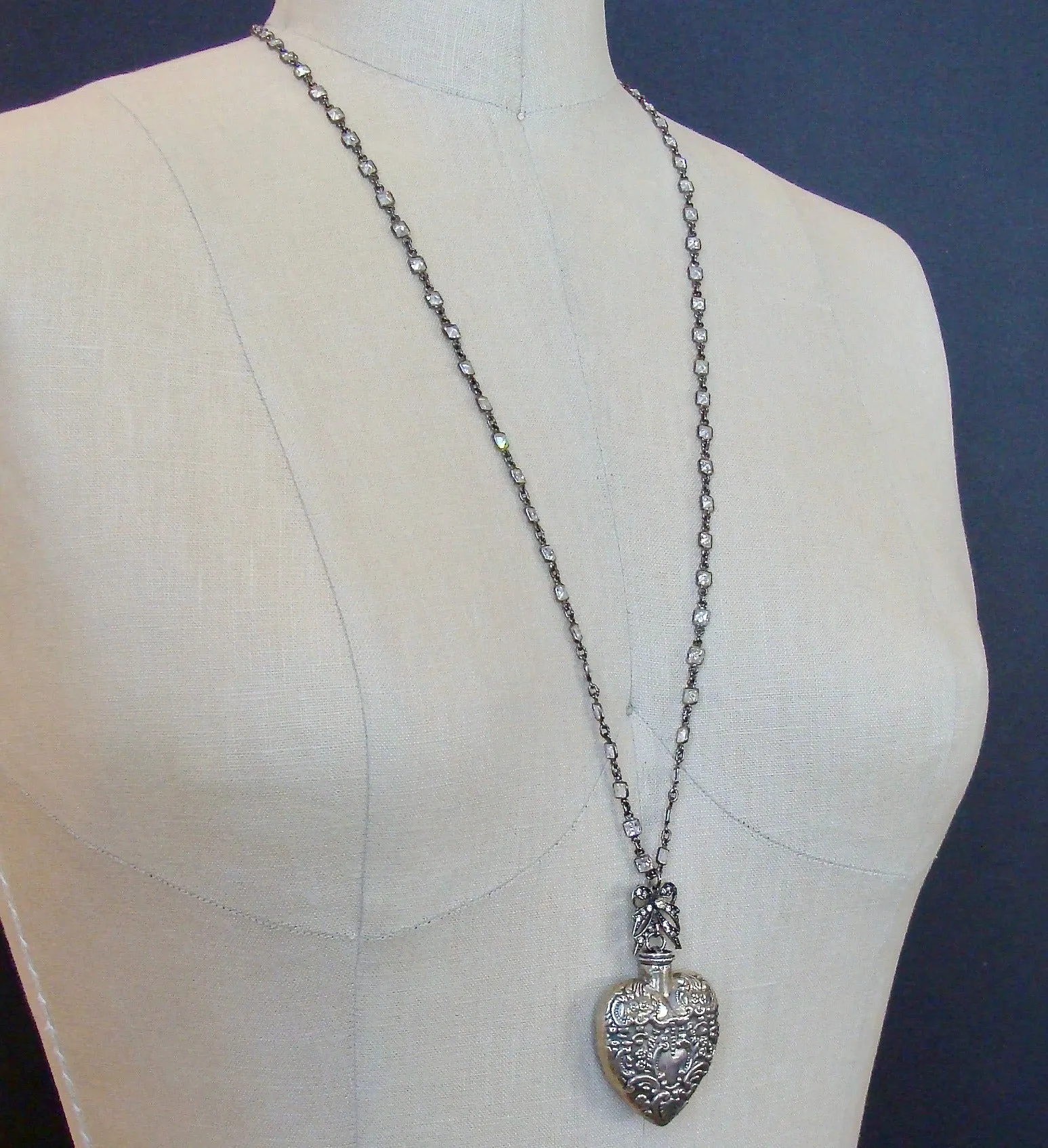 Sterling Silver Repousse Chatelaine Heart Scent Bottle Necklace - Cressida Necklace