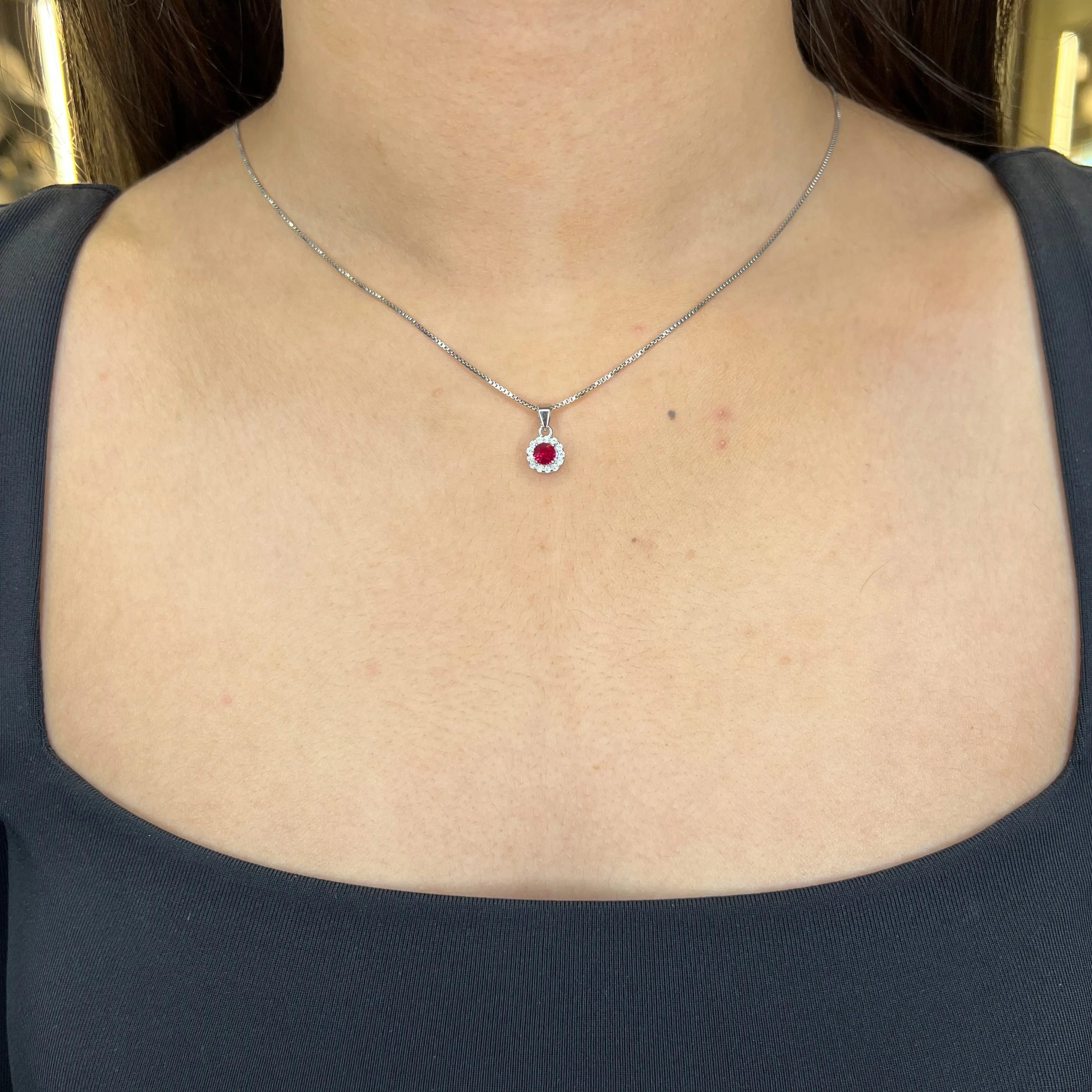 Sterling Silver Rhodium Plated Halo CZ July Birthstone Necklace