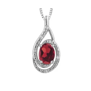 Sterling Silver Rhodium Plated (January) Birthstone Garnet and Diamond Pendant