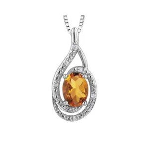 Sterling Silver Rhodium Plated (November) Birthstone Citrine and Diamond Pendant