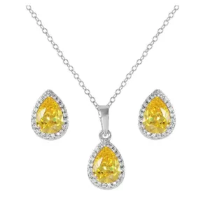 Sterling Silver Rhodium Plated (November) Birthstone CZ Halo Pear Shaped Pendant and Earring Set