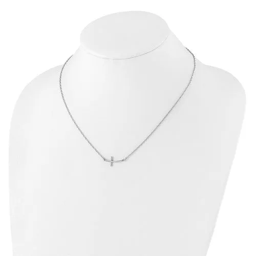 Sterling Silver Rhodium-plated Small Sideways Curved Cross Necklace