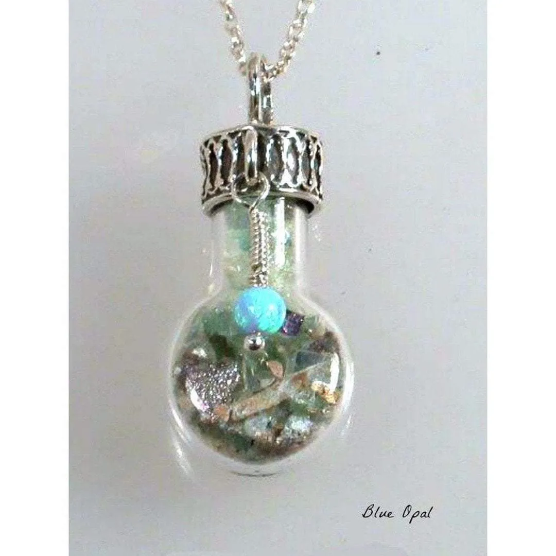 Sterling Silver Roman Glass in a Bottle Necklace with Charms