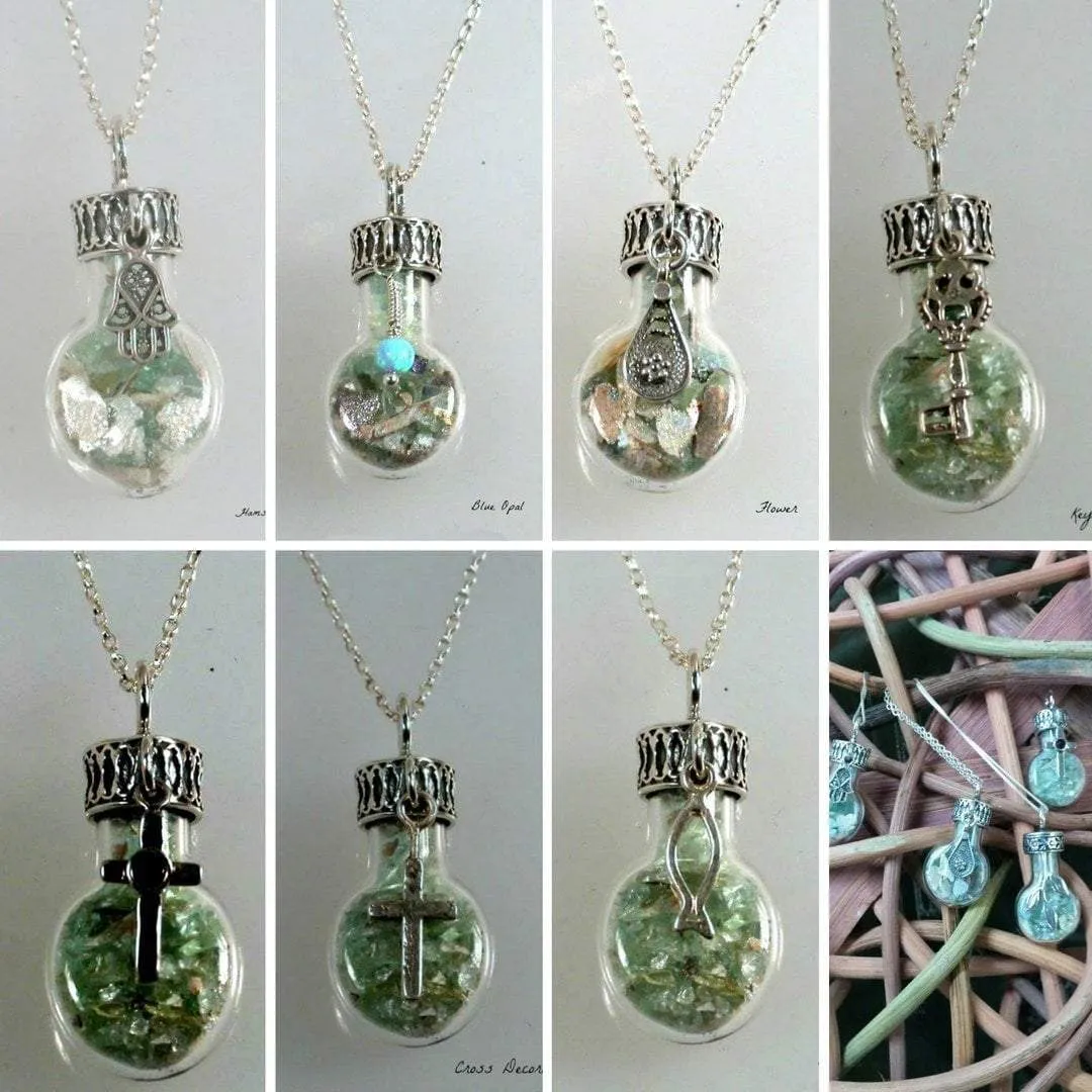 Sterling Silver Roman Glass in a Bottle Necklace with Charms