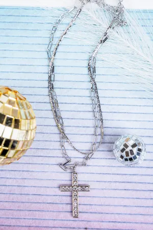 Sunday Morning Crystal Silvertone Cross Double Necklace Set
