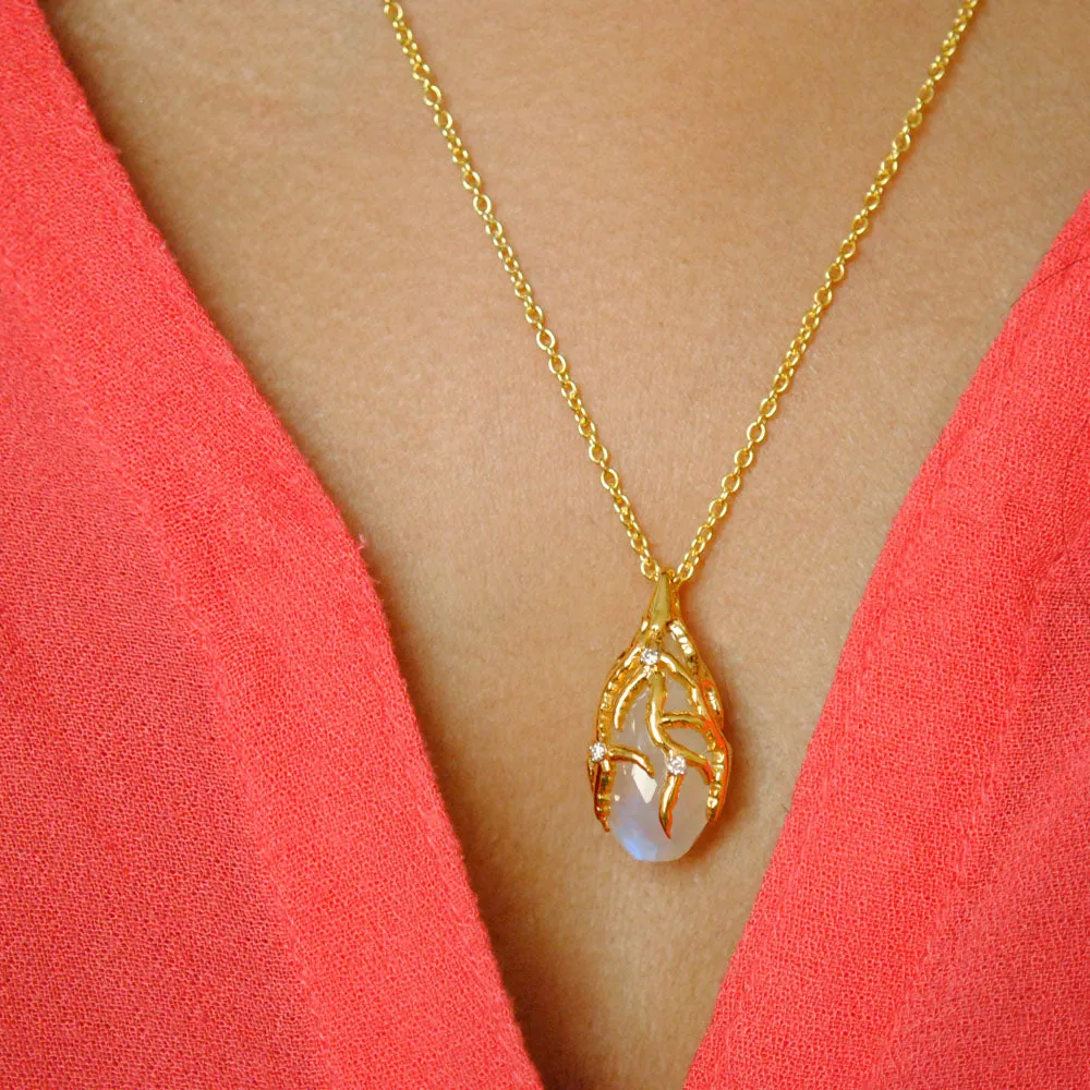 Teardrop Briolette Moonstone & Diamond Necklace Pendant in 14K Yellow Gold  (LP072)