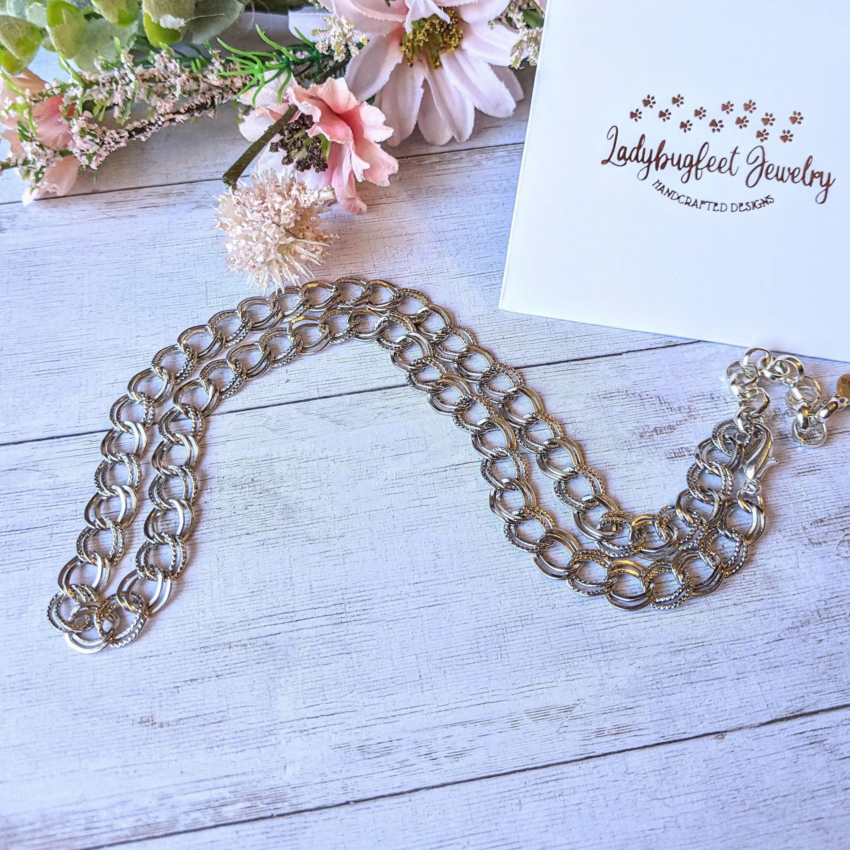 Textured Double Oval Link Necklace, 18 inch