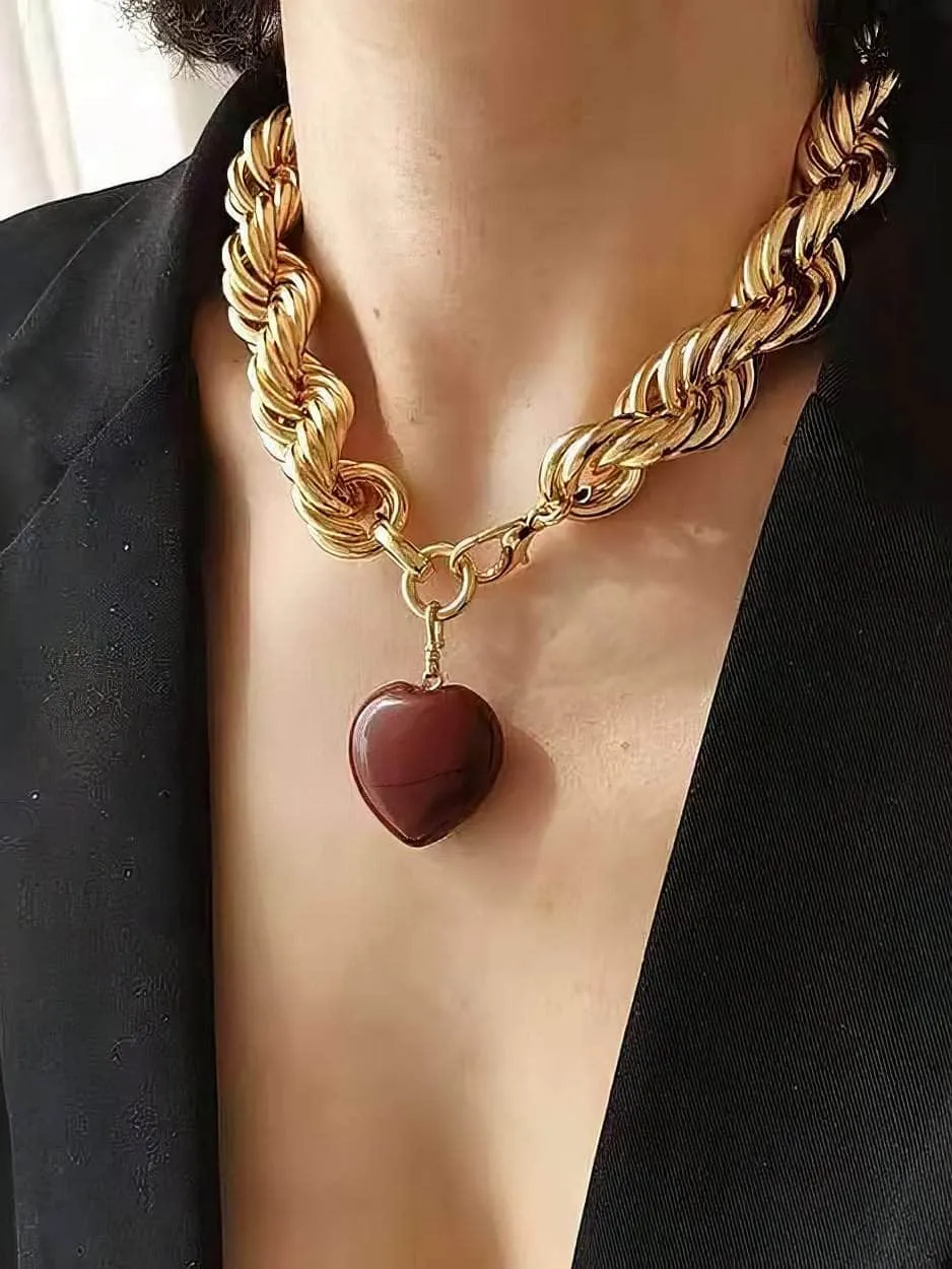 Thick Twisted Chunky Heart Pendant Gold Necklace