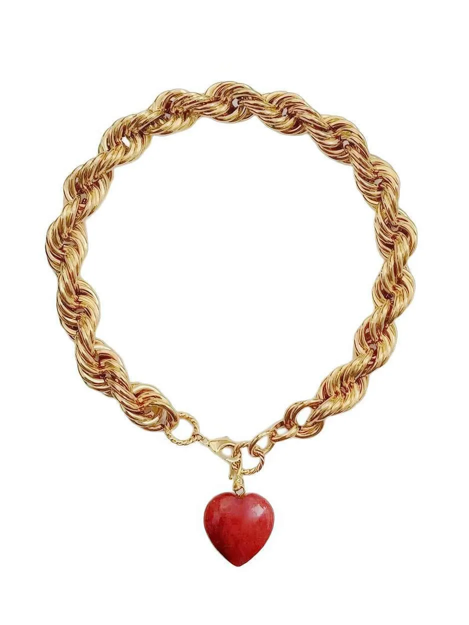 Thick Twisted Chunky Heart Pendant Gold Necklace