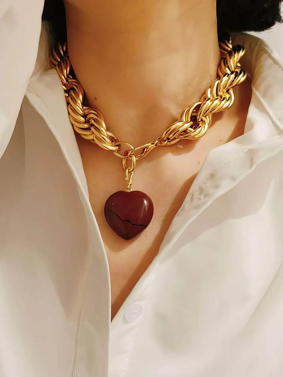 Thick Twisted Chunky Heart Pendant Gold Necklace