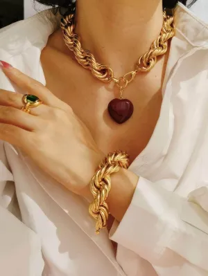 Thick Twisted Chunky Heart Pendant Gold Necklace
