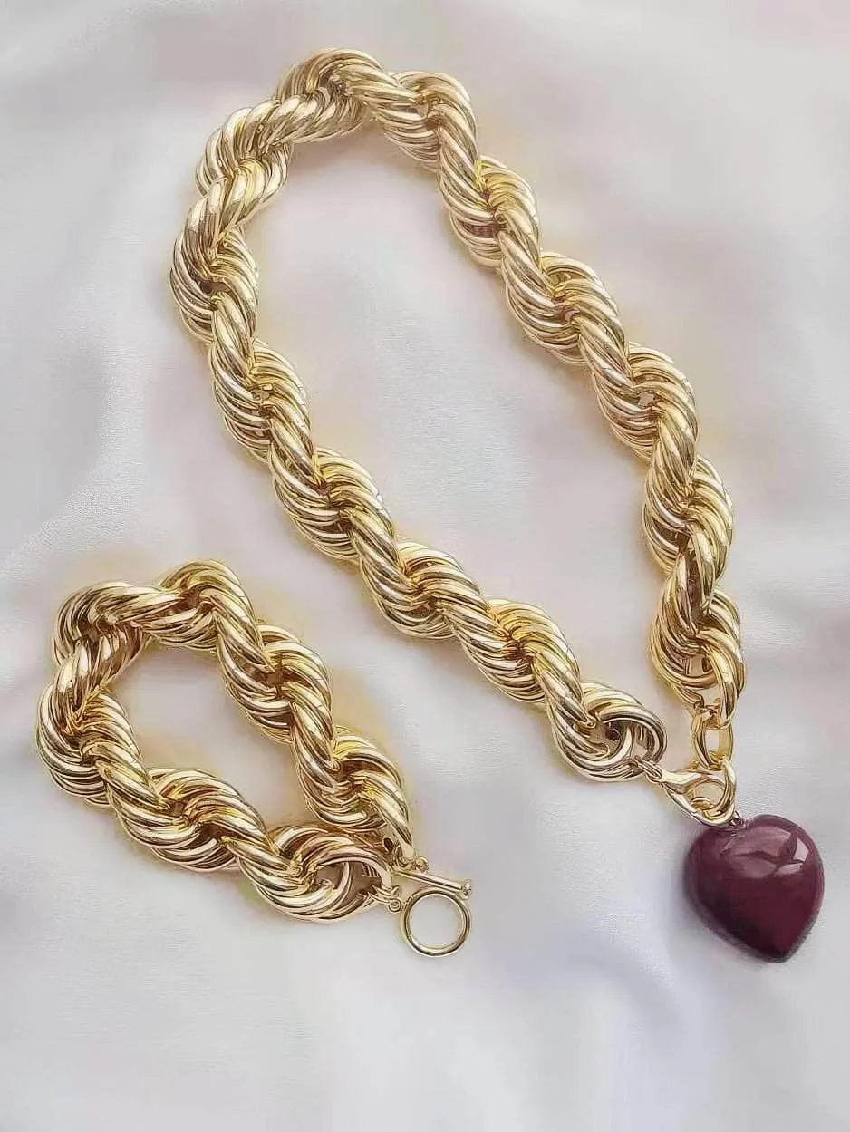 Thick Twisted Chunky Heart Pendant Gold Necklace