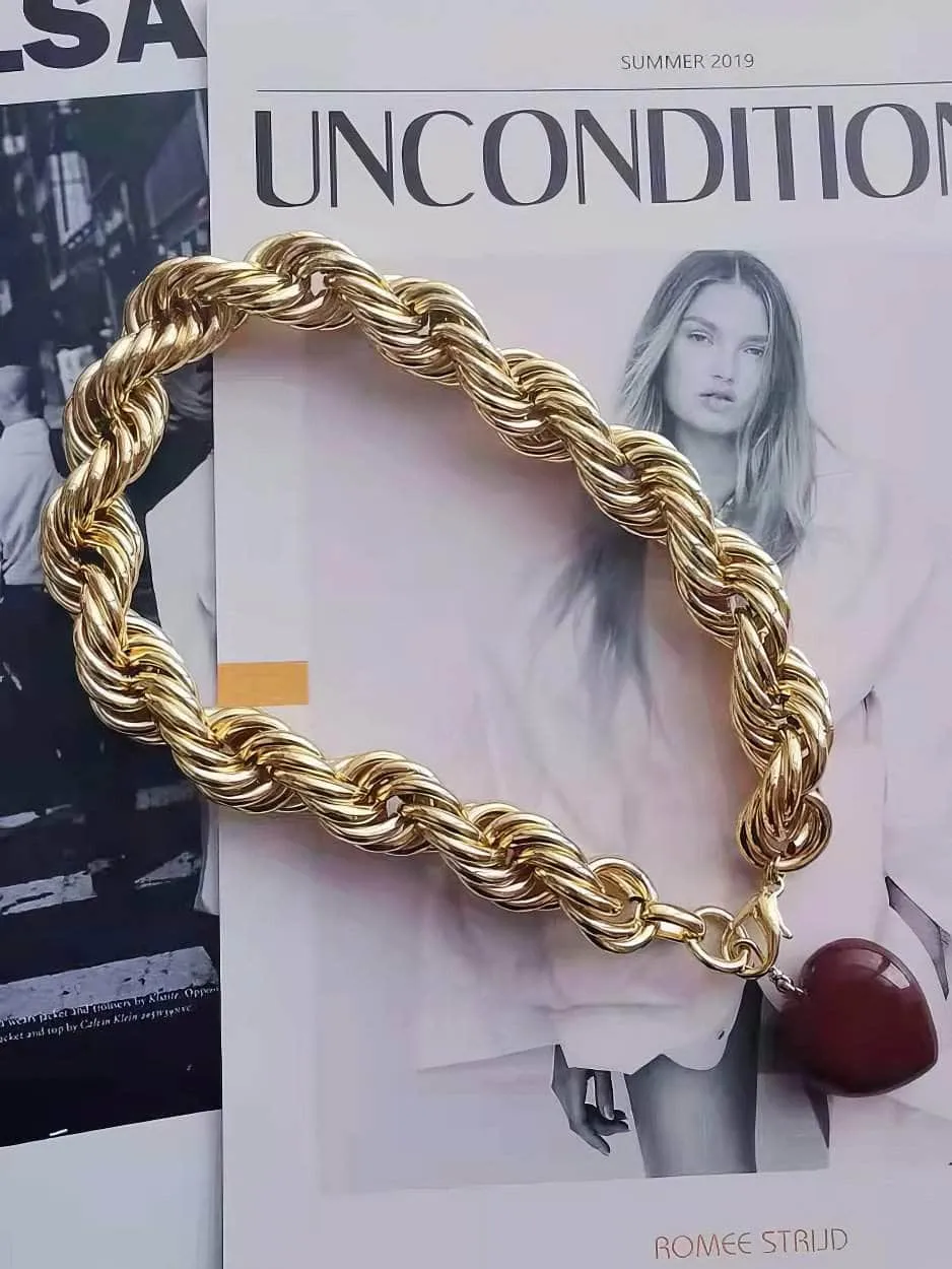 Thick Twisted Chunky Heart Pendant Gold Necklace