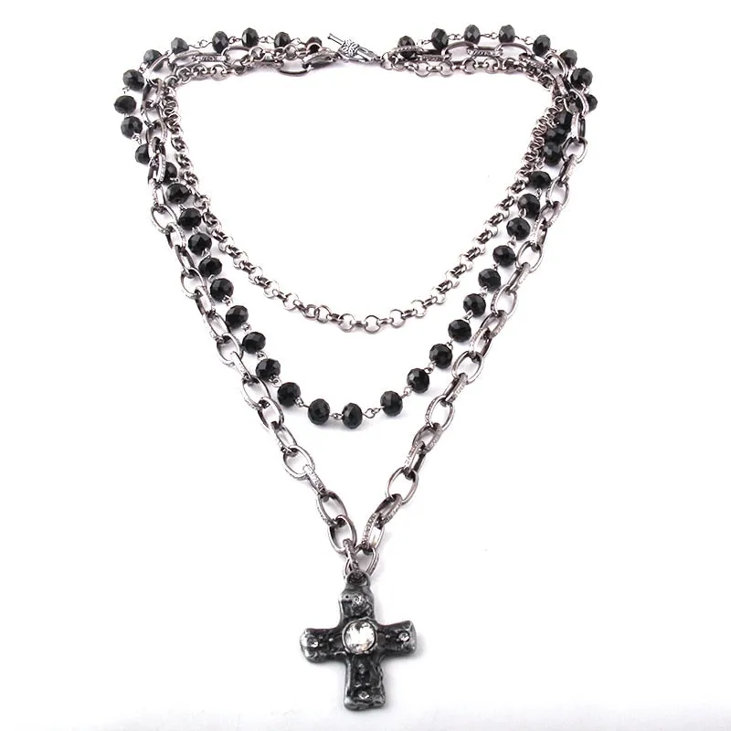 Three Layered Street Punk Necklace with Cross