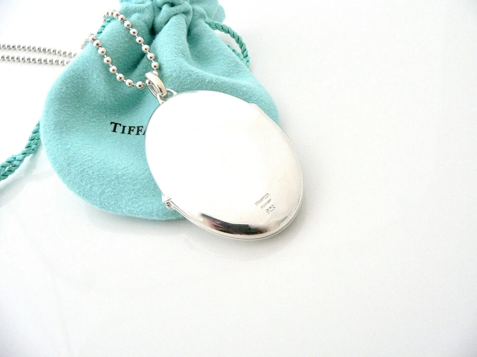 Tiffany & Co Silver Large Oval Locket Necklace Pendant 34 Inch Long Bead Chain XL Gift Love