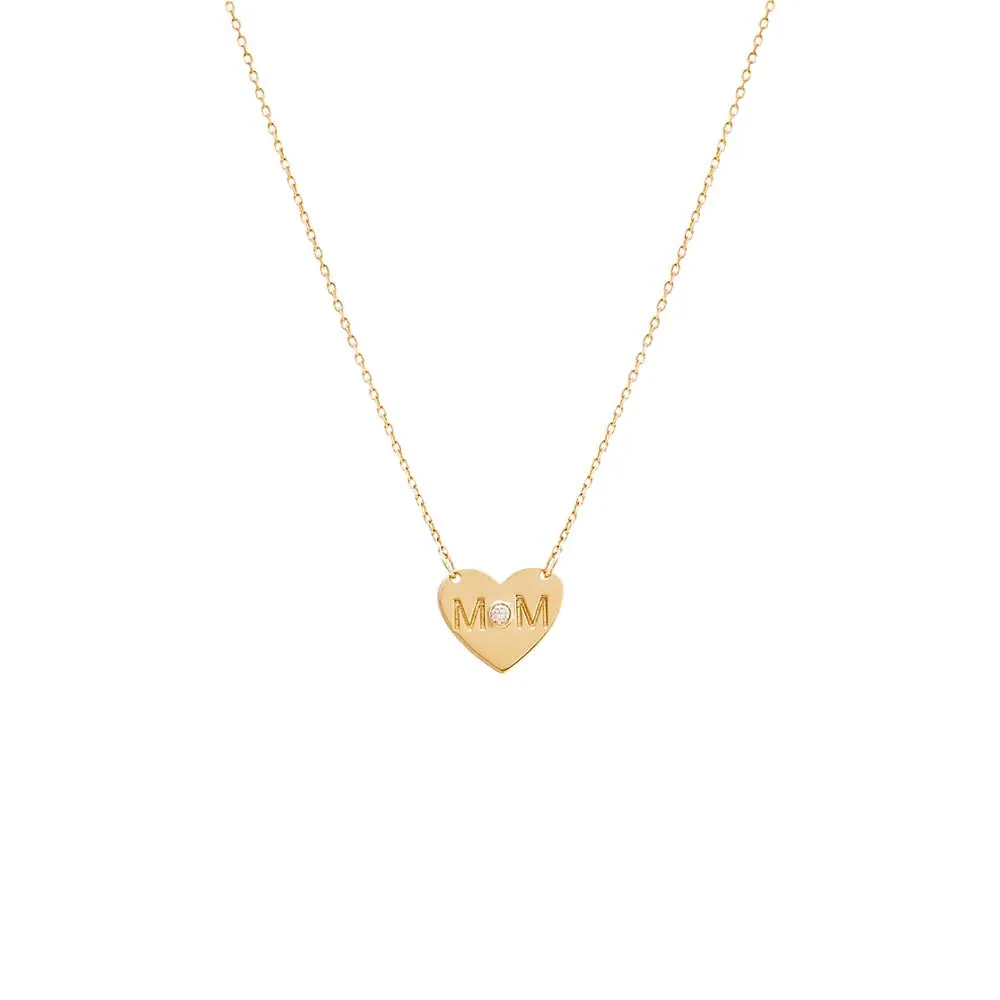 Tiny Diamond Mom Heart Necklace 14K