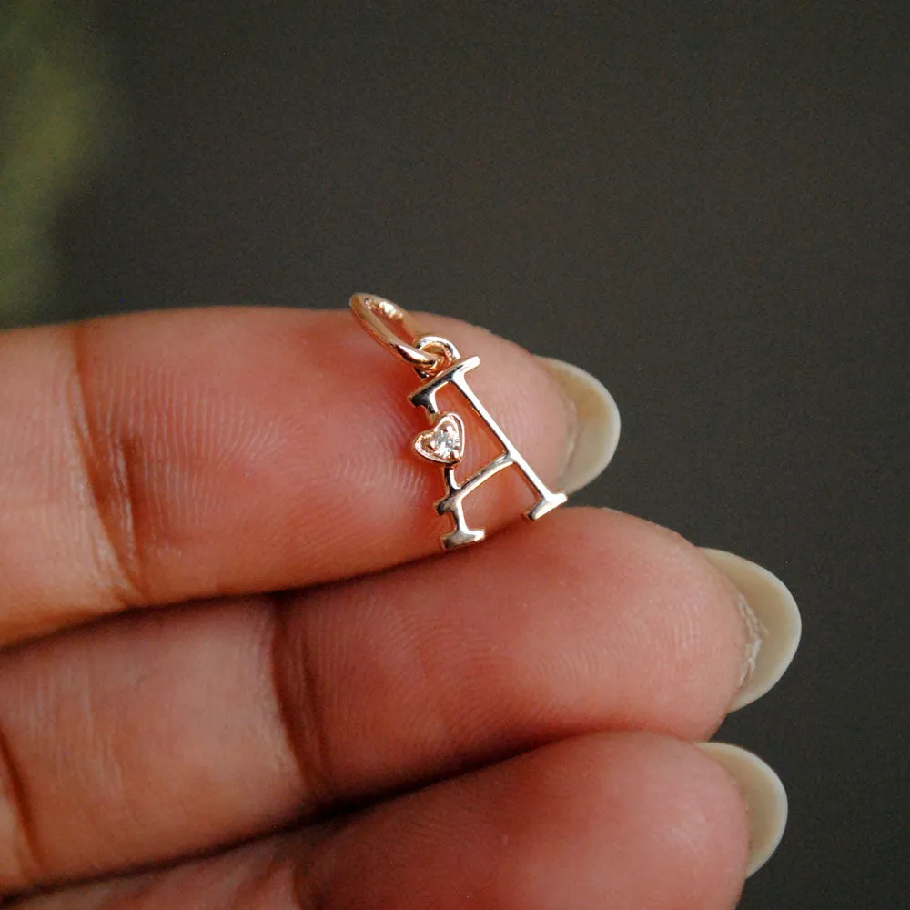 Tiny Initial Diamond Charm in 14K Gold , Alphabet Heart Necklace Charm (LP081)