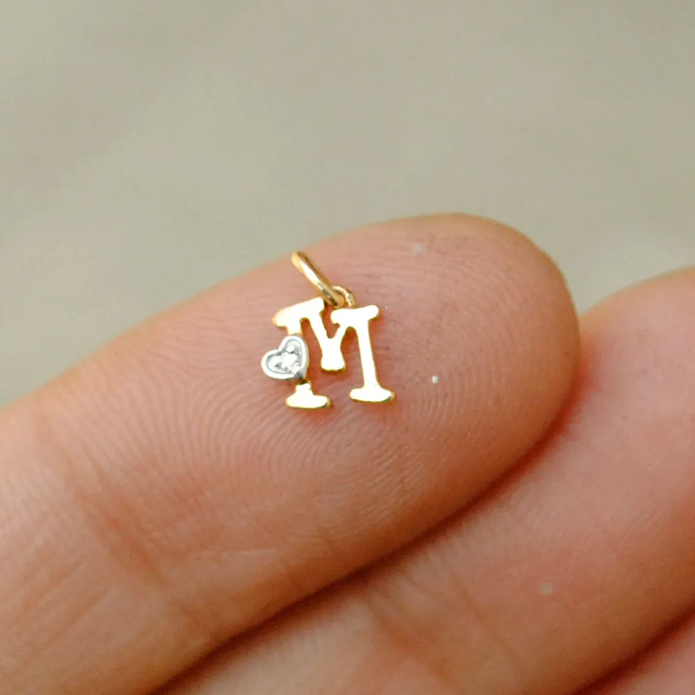 Tiny Initial Diamond Charm in 14K Gold , Alphabet Heart Necklace Charm (LP081)