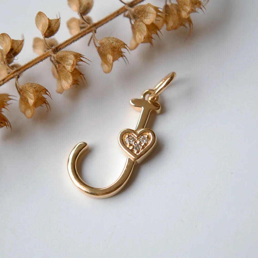Tiny Initial Diamond Charm in 14K Gold , Alphabet Heart Necklace Charm (LP081)
