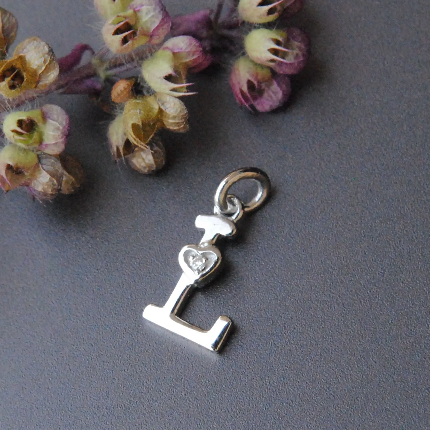 Tiny Initial Diamond Charm in 14K Gold , Alphabet Heart Necklace Charm (LP081)
