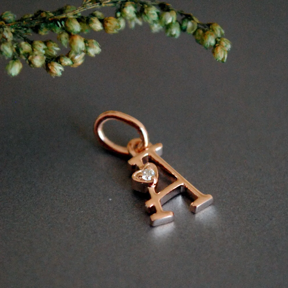 Tiny Initial Diamond Charm in 14K Gold , Alphabet Heart Necklace Charm (LP081)