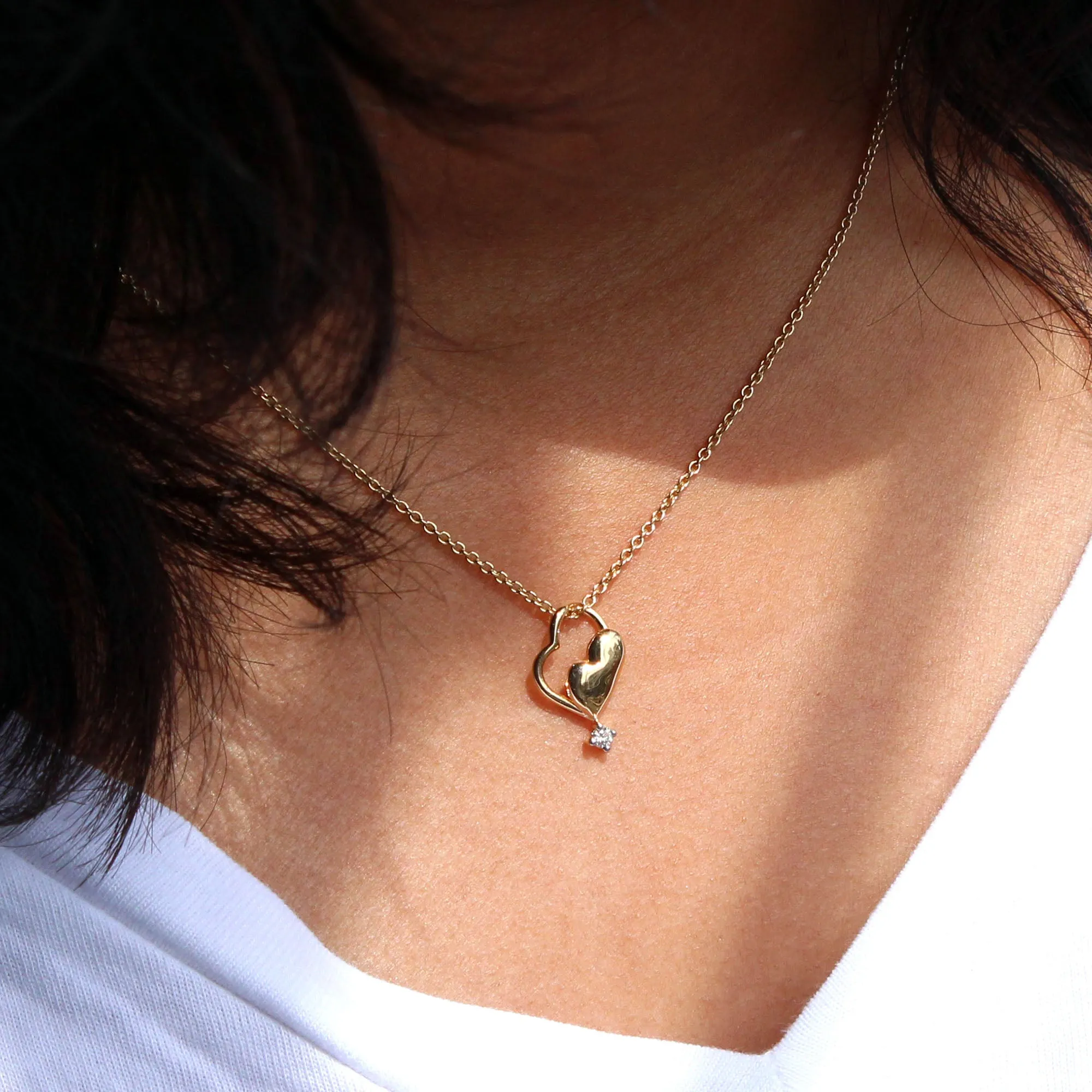 Tiny Twin Heart Pendant Necklace in 14K Solid Gold and Natural Diamond