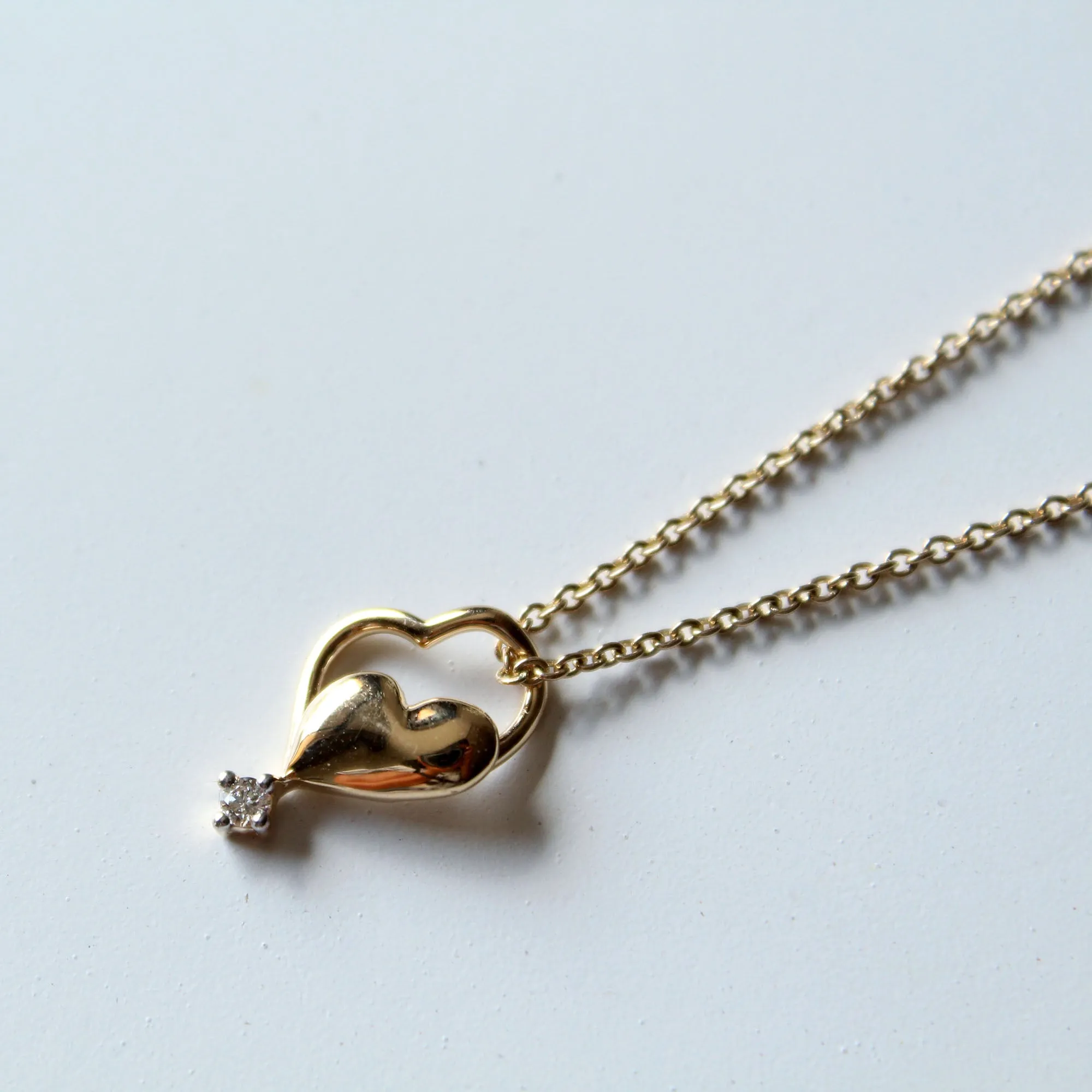 Tiny Twin Heart Pendant Necklace in 14K Solid Gold and Natural Diamond