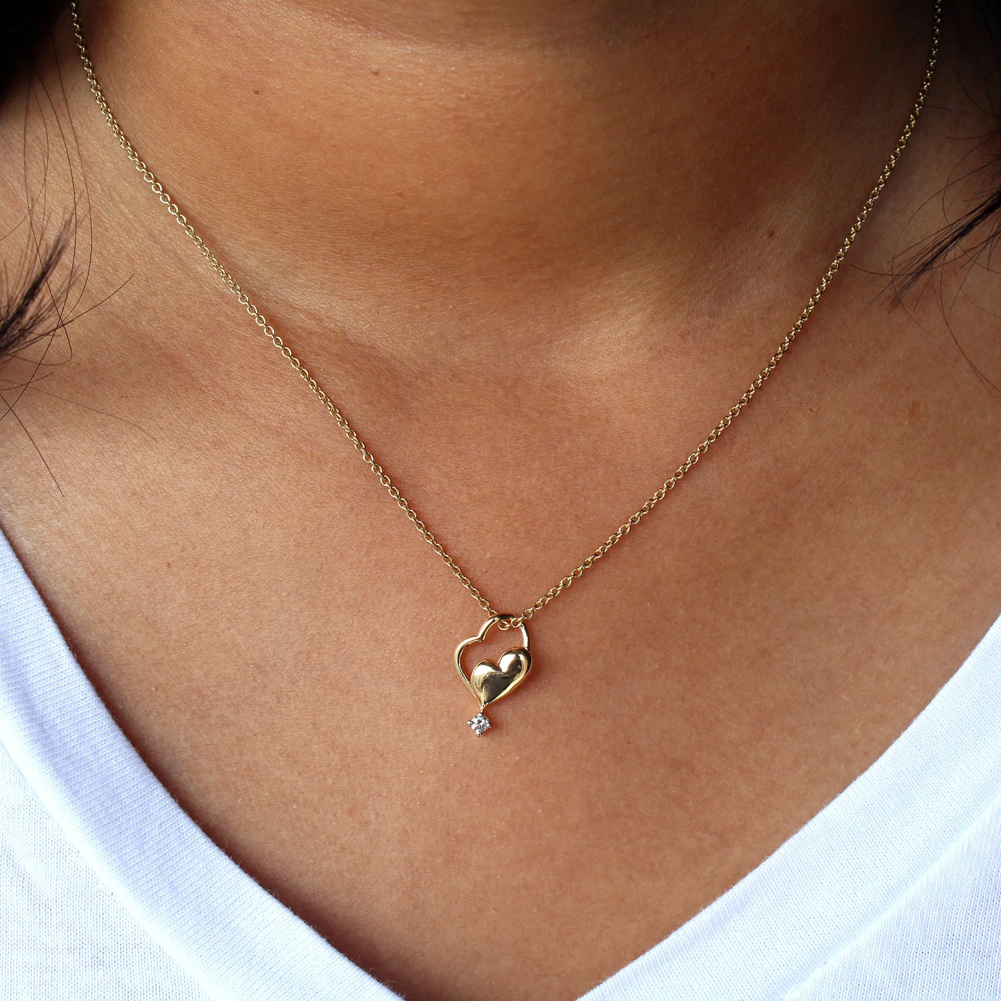 Tiny Twin Heart Pendant Necklace in 14K Solid Gold and Natural Diamond