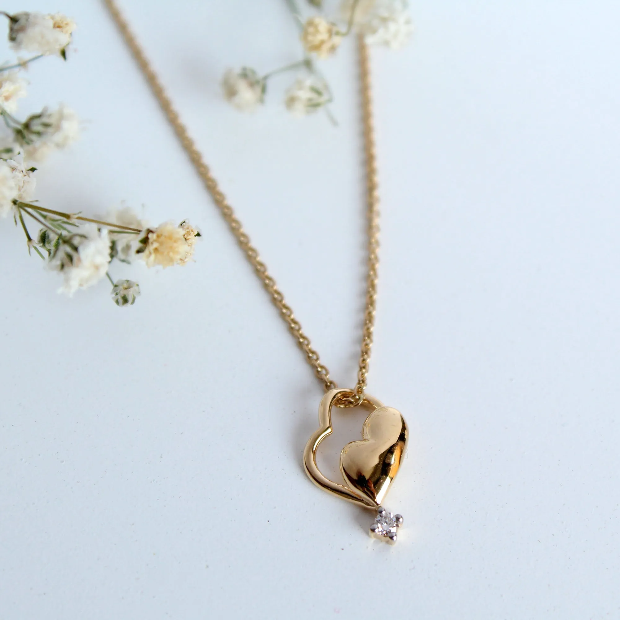 Tiny Twin Heart Pendant Necklace in 14K Solid Gold and Natural Diamond