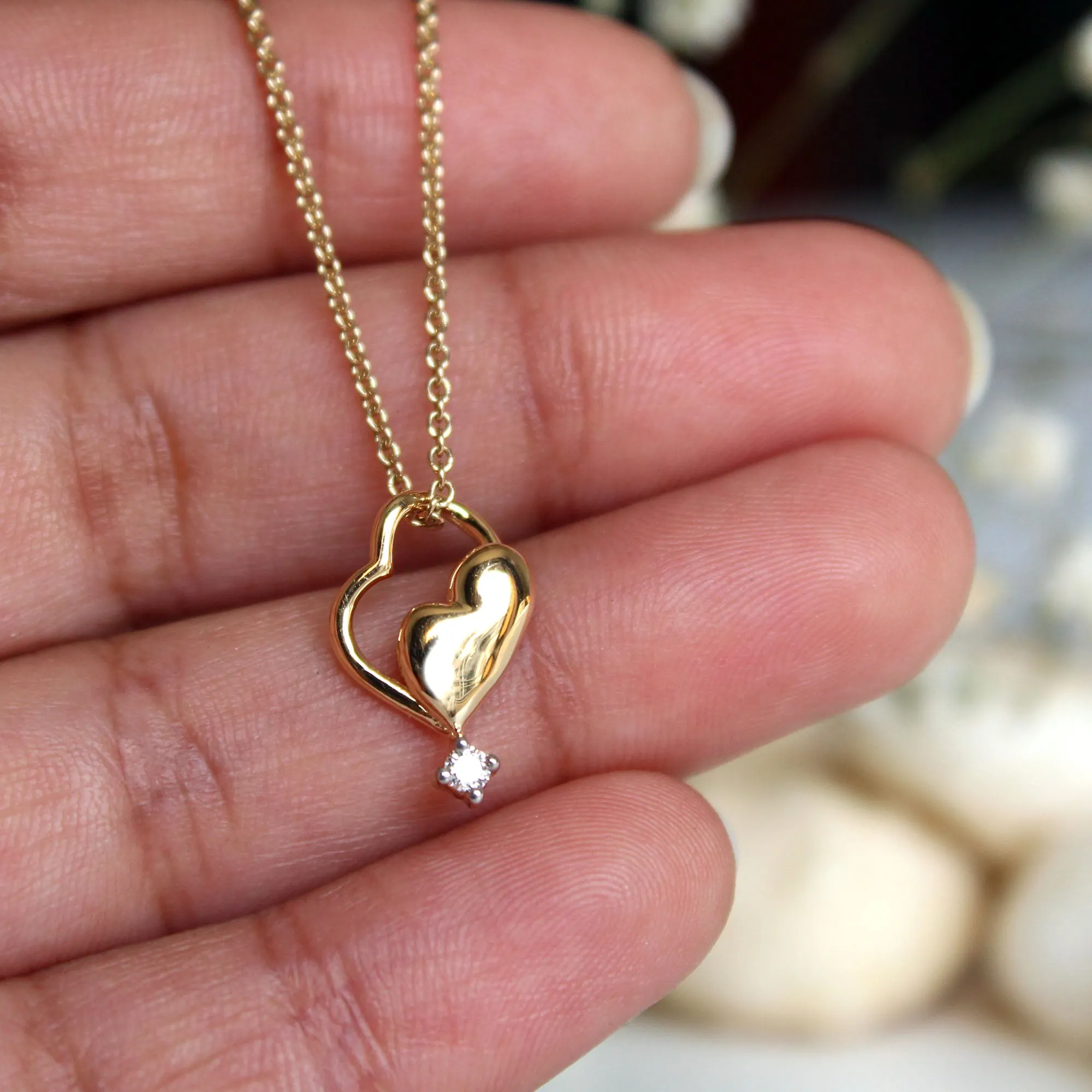 Tiny Twin Heart Pendant Necklace in 14K Solid Gold and Natural Diamond