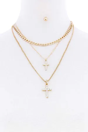 Triple Layer Rhinestone Double Cross Necklace With Earring Set