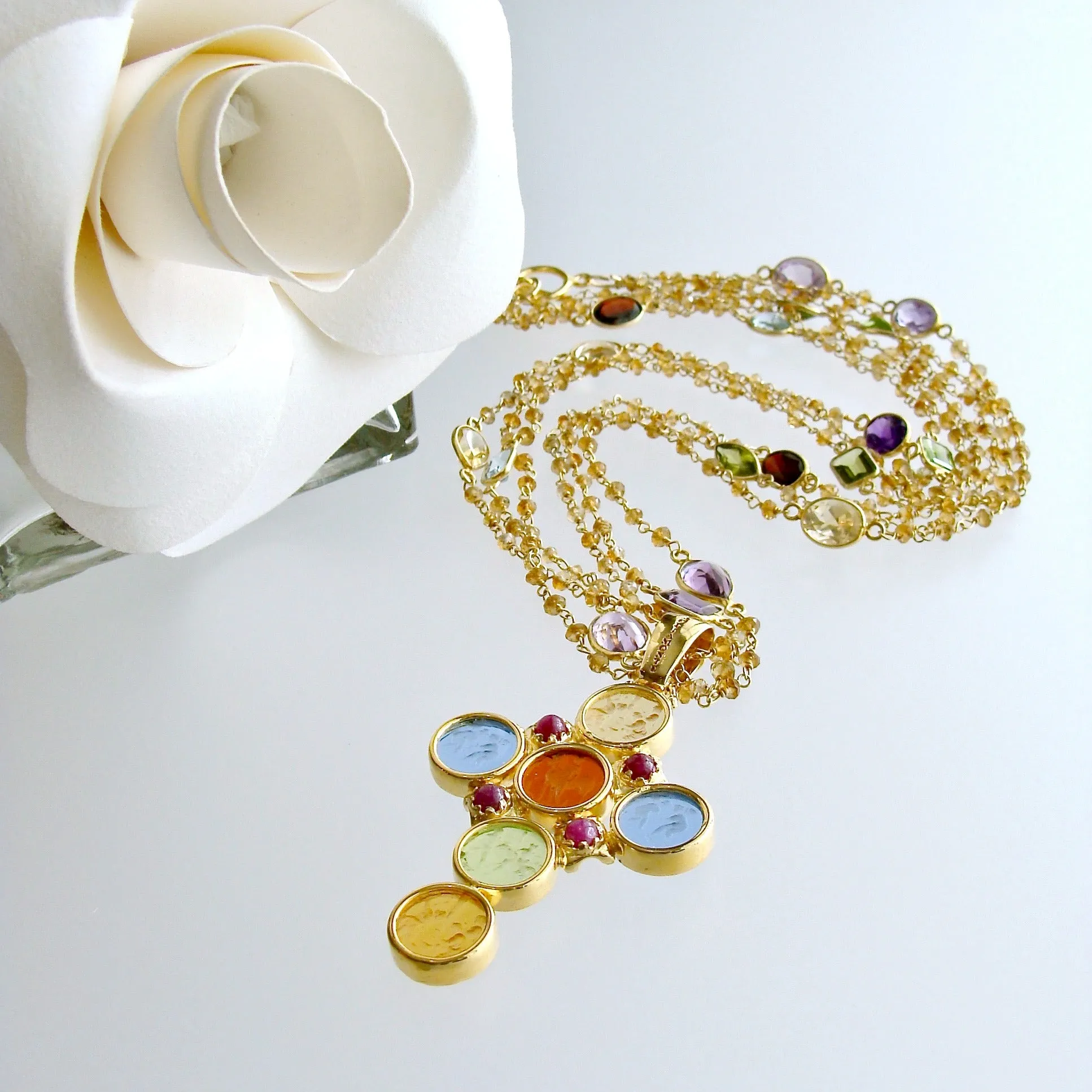 Triple Strand Citrine Venetian Glass Intaglio Cross Pendant Necklace - Maura II Stations Necklace