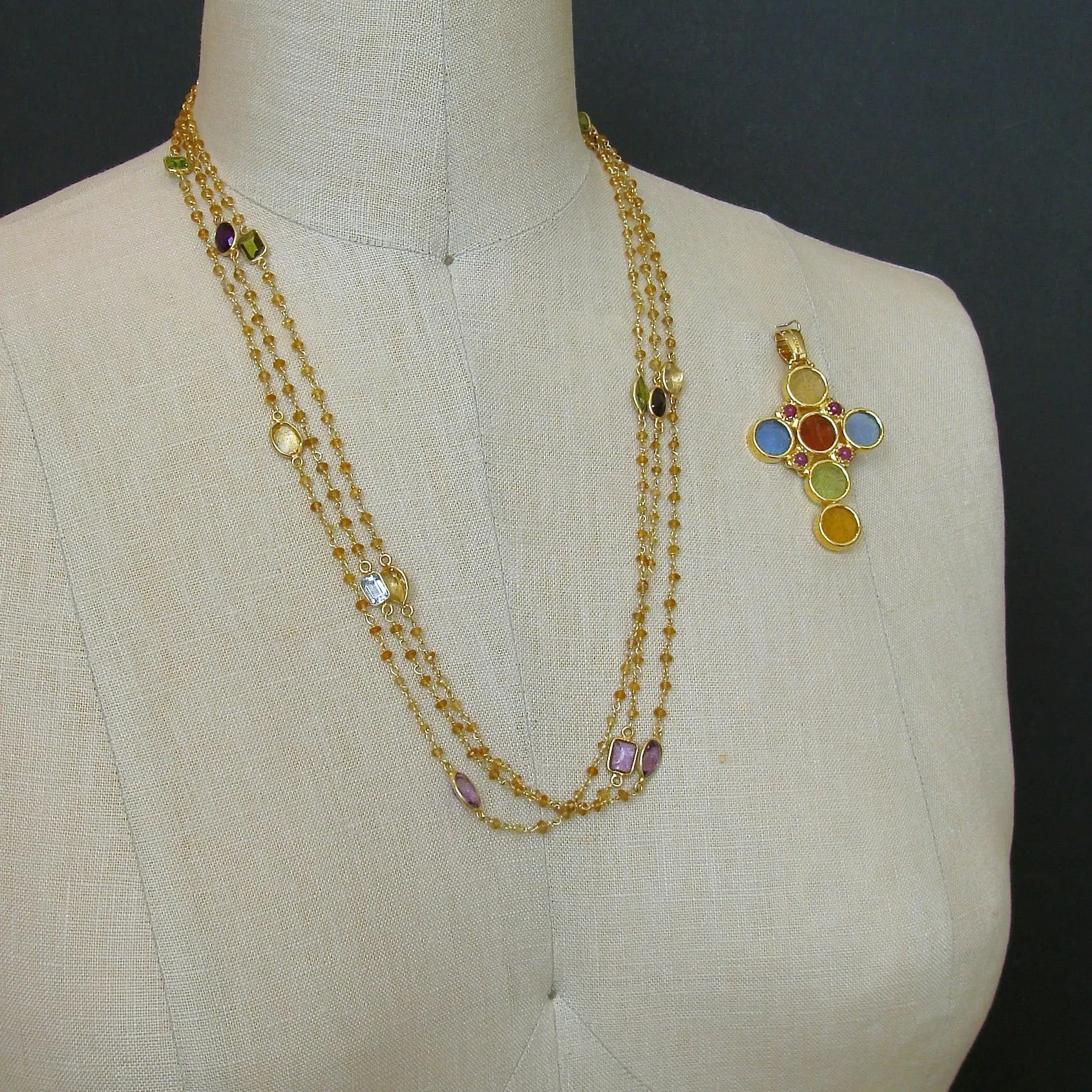 Triple Strand Citrine Venetian Glass Intaglio Cross Pendant Necklace - Maura II Stations Necklace