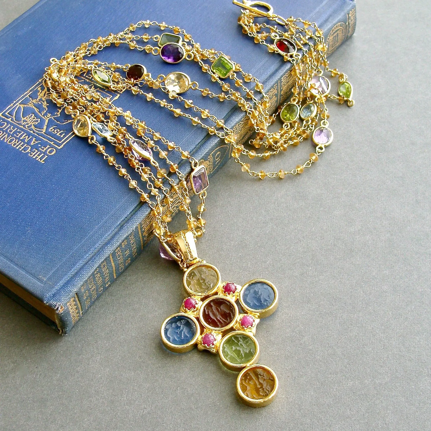 Triple Strand Citrine Venetian Glass Intaglio Cross Pendant Necklace - Maura II Stations Necklace