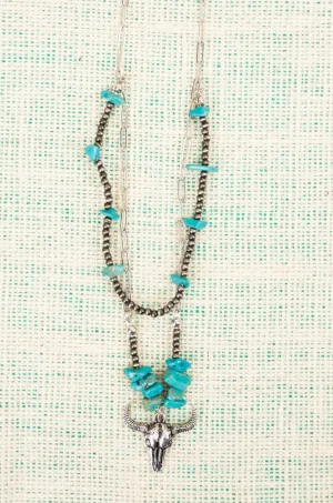 Turquoise And Bead Steer Skull Western Layered Necklace