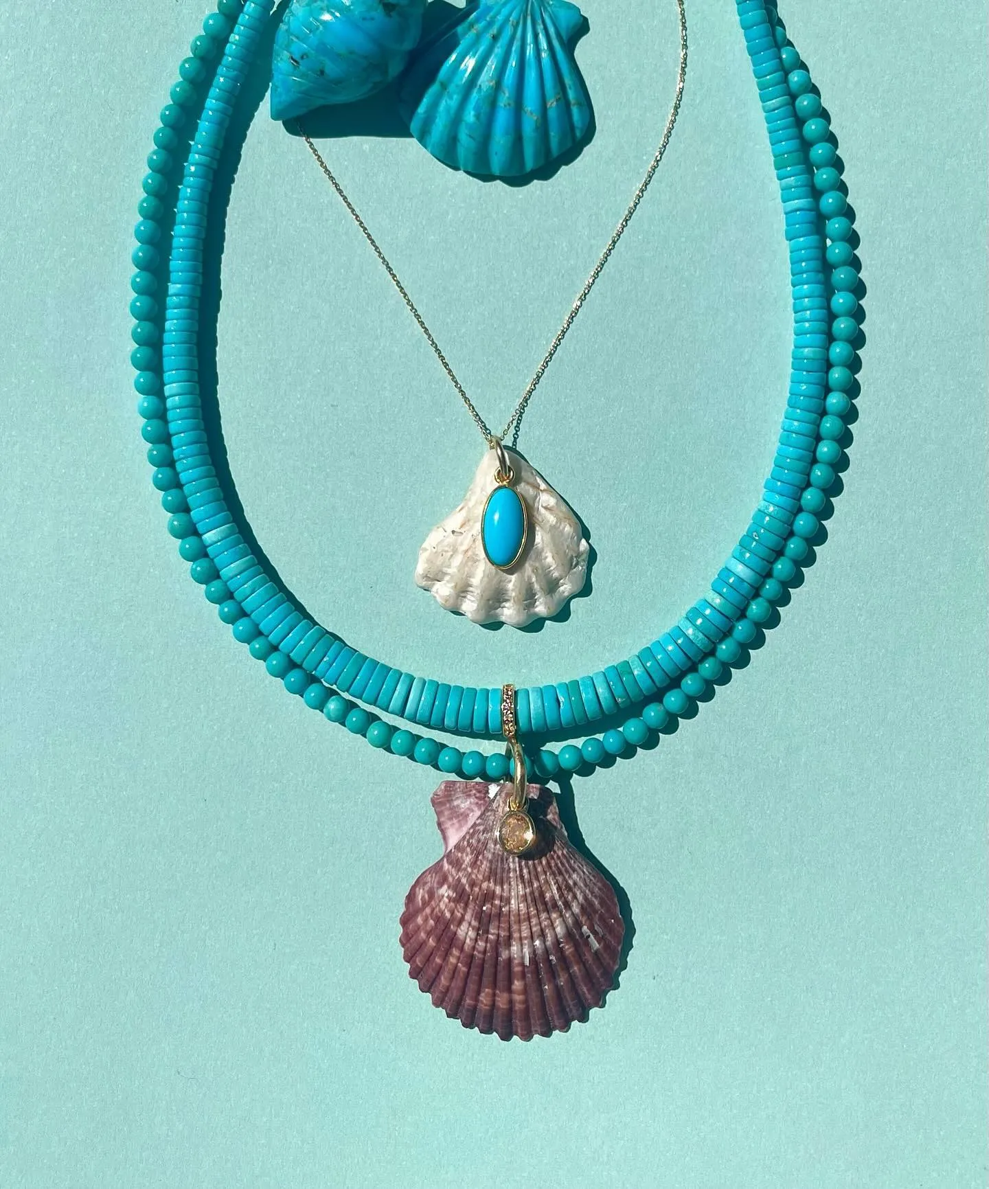 Turquoise Beaded Necklace with Shell and Pink Sapphire