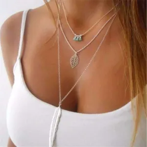 Turquoise Stone Feather Necklace - 3 Layer, 17.5-27.5 Lengths, Zinc Alloy"