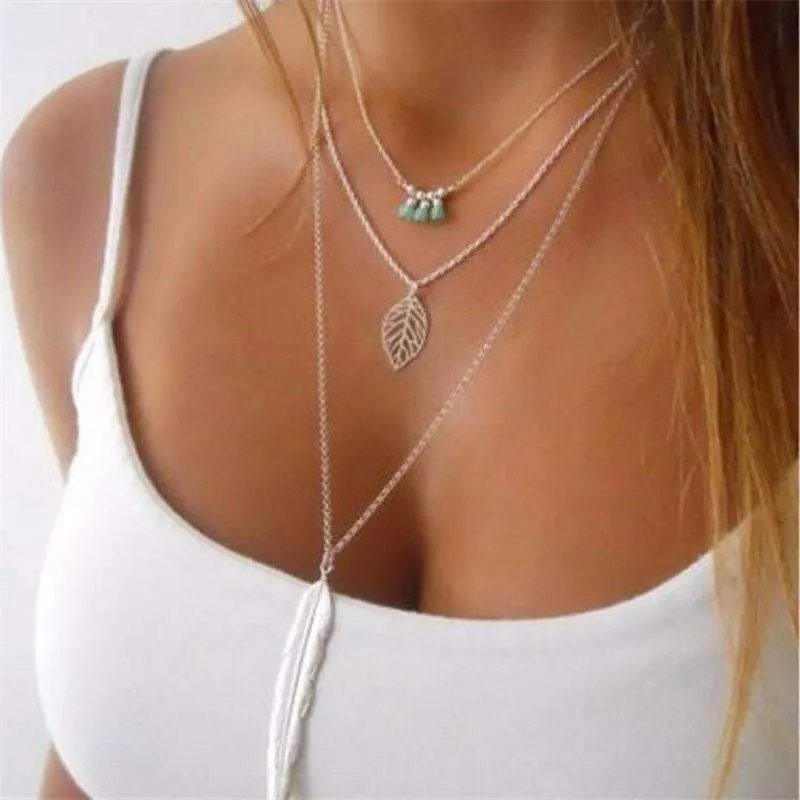 Turquoise Stone Feather Necklace - 3 Layer, 17.5-27.5 Lengths, Zinc Alloy"